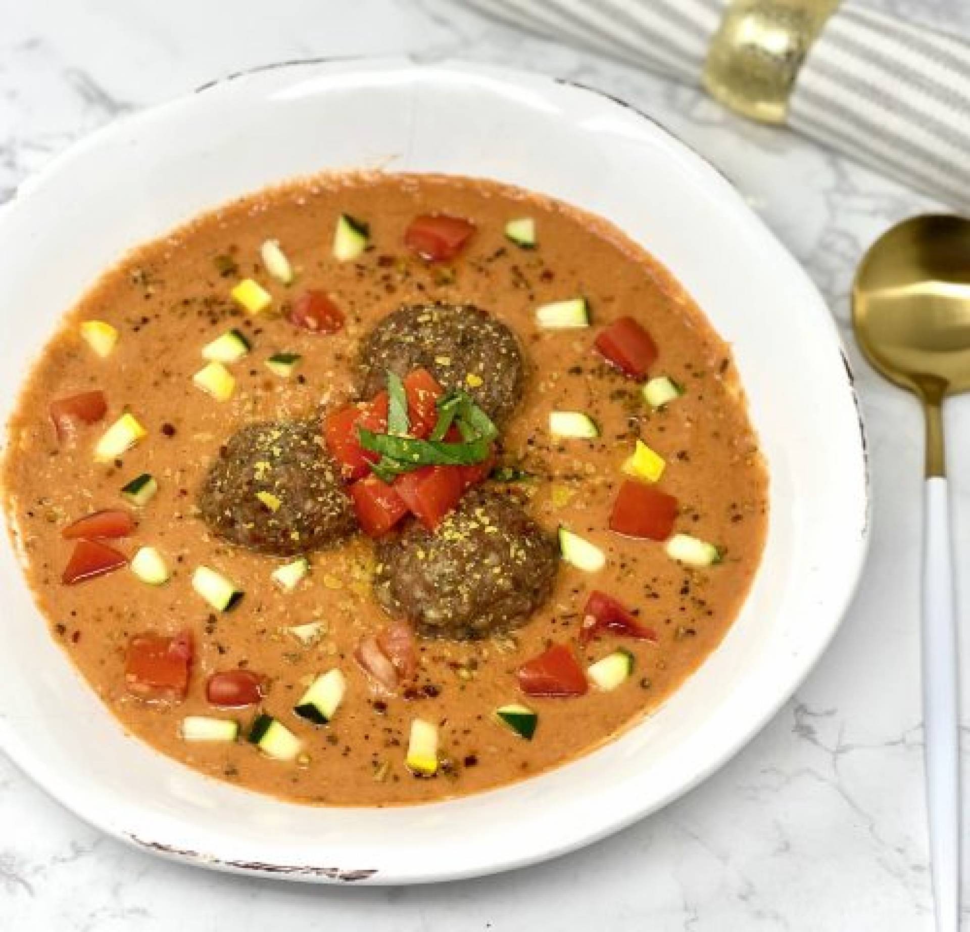 Tomato Basil Bisque with Turkey Meatballs