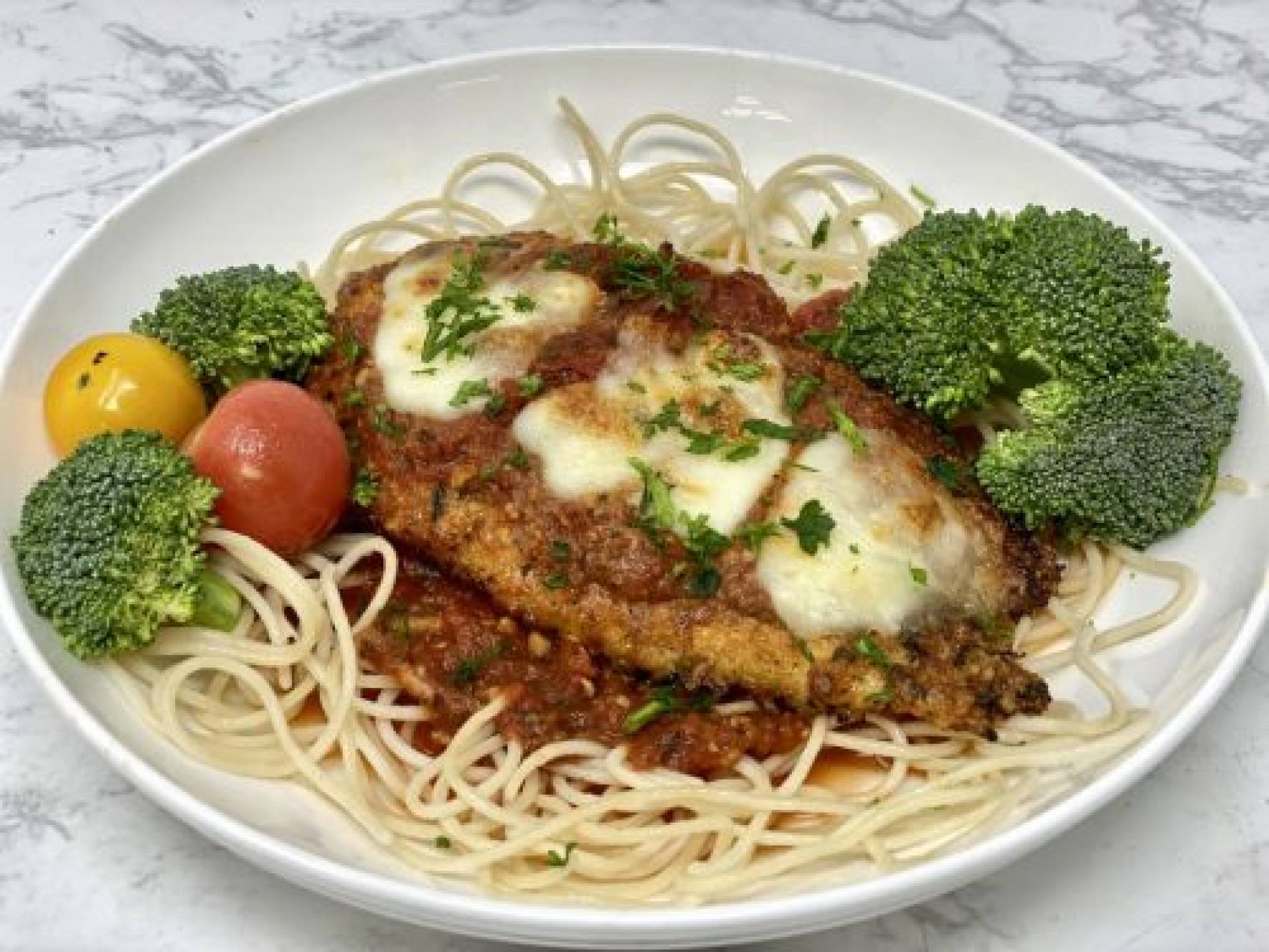 Chicken Parmesan over Gluten-free Noodles