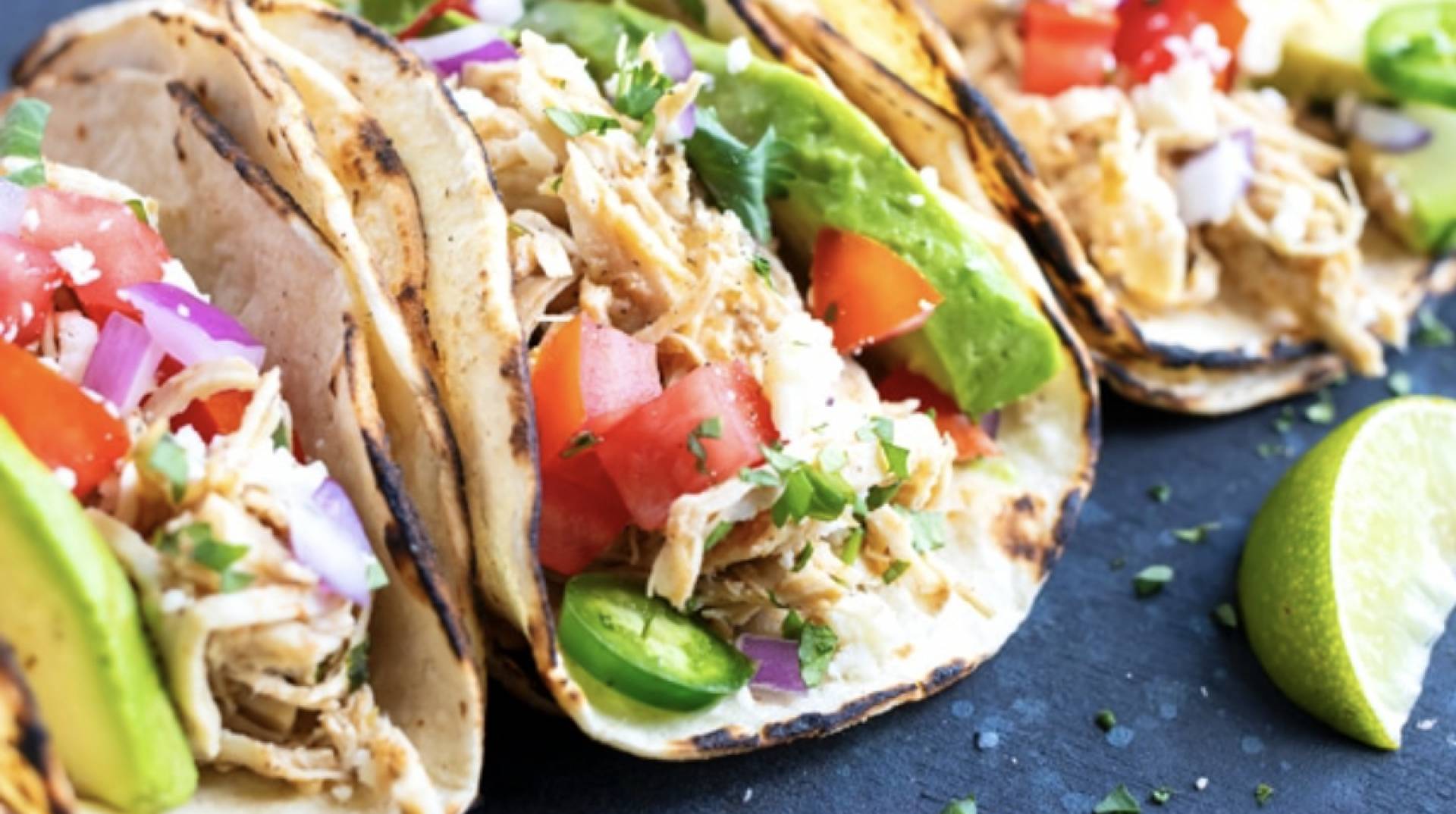 Shredded Chicken Tacos with Avocado Tomatillo Sauce