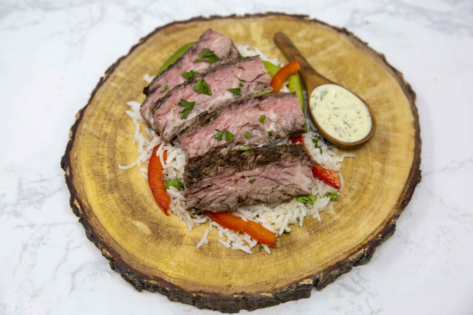 Steak with Chimichurri Aioli over Jasmine Rice