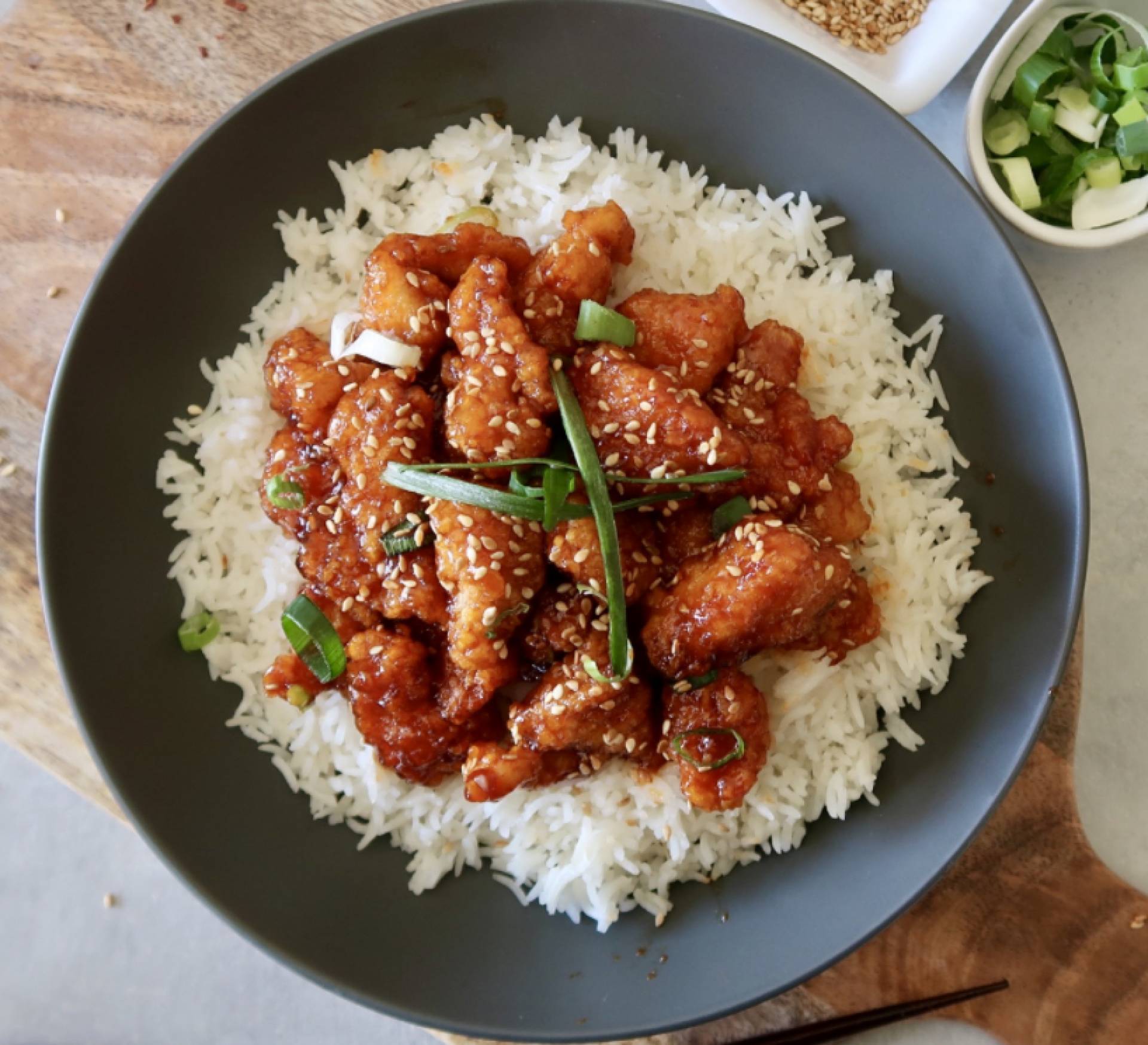 Korean Sticky Chicken with Kimchi Rice