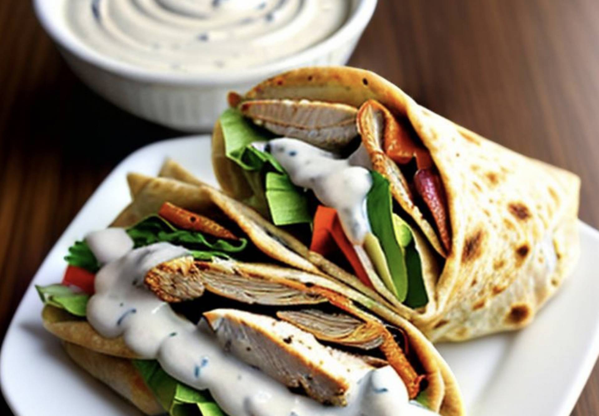 Chicken Shawarma Wrap w/ Hummus and Tzatziki